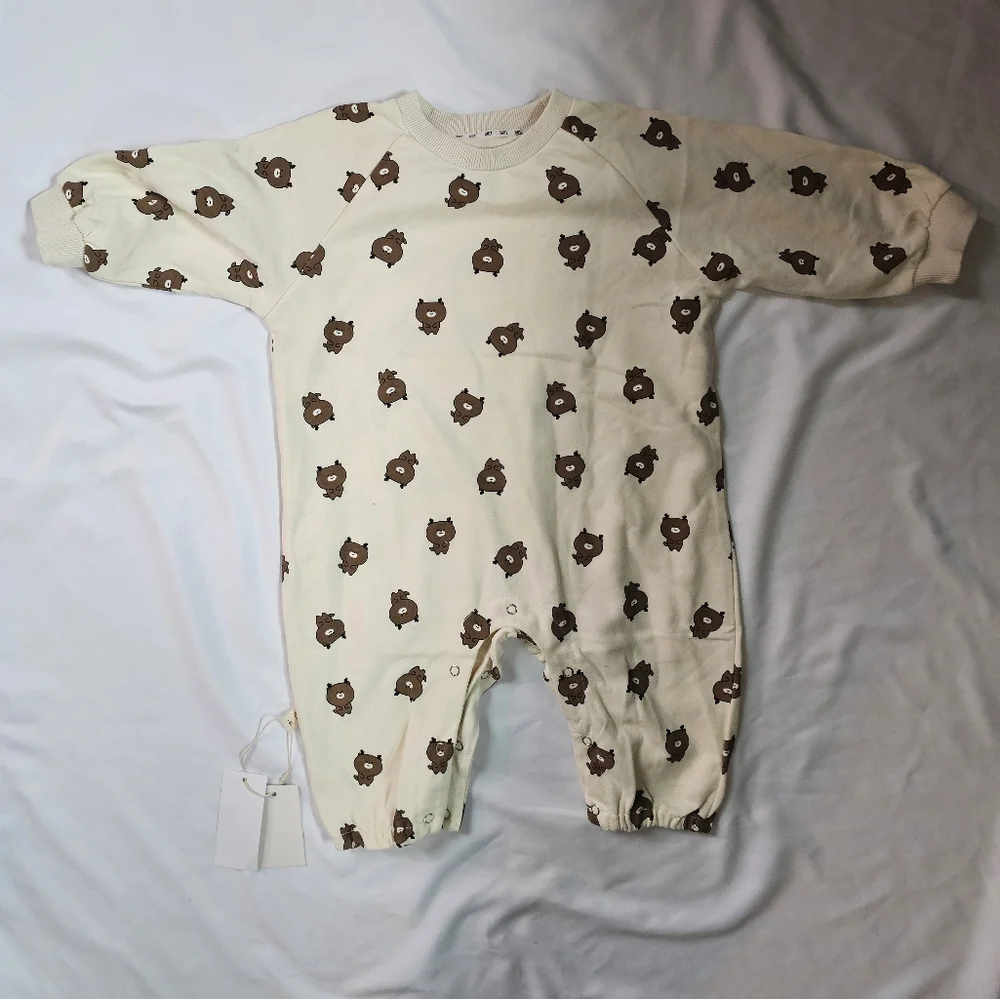 Adorable Soft Cream and Brown Bear Print Kids One Piece- Size 80